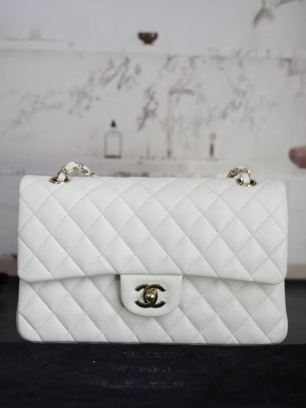 Chanel Caviar Leather Classic Flap Silver Chain Bag